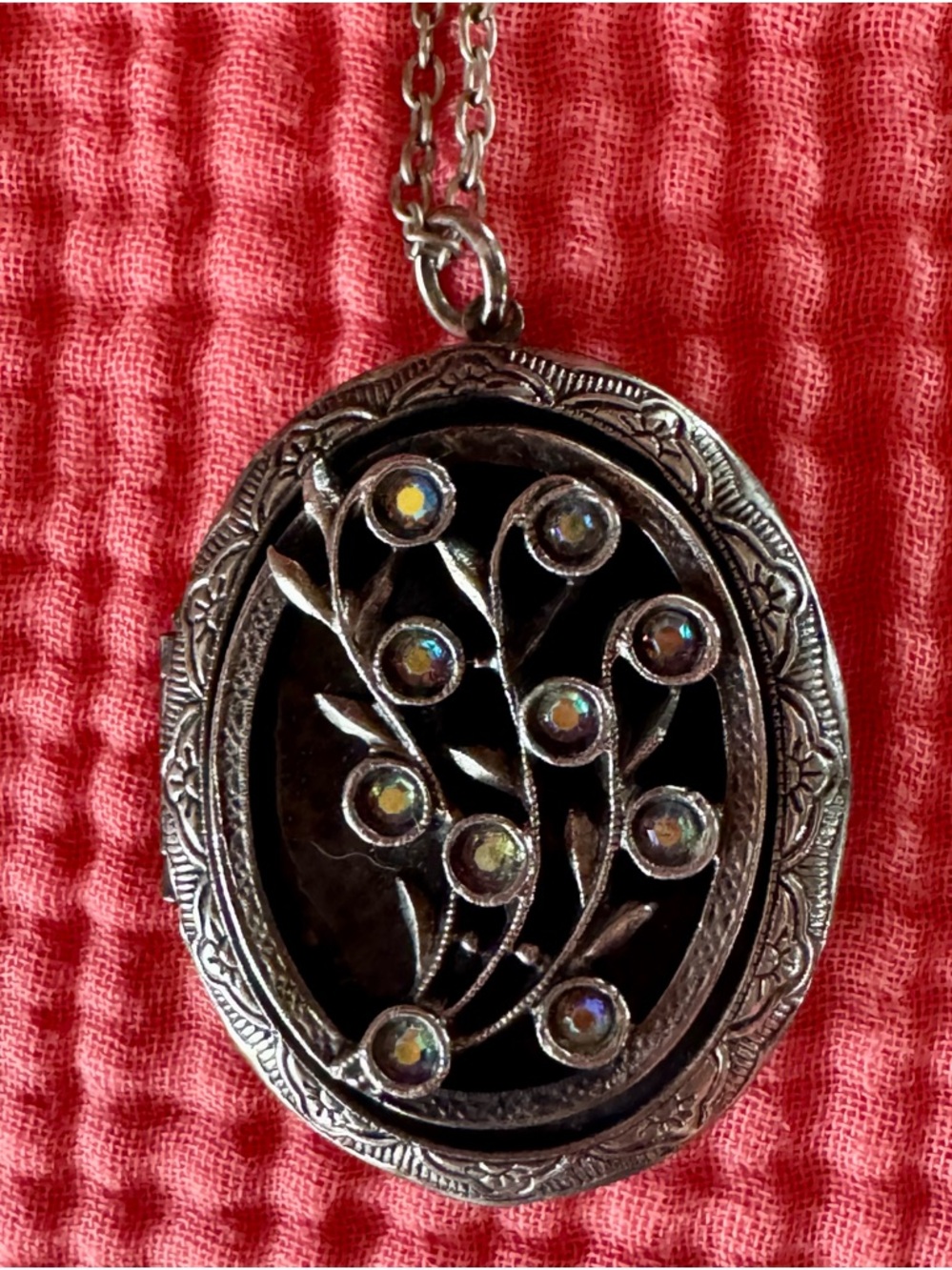 Silver-Tone Floral Locket Necklace with Iridescent Stones